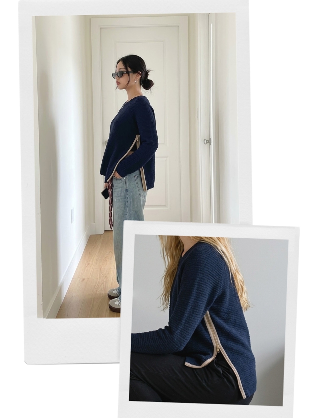 Frame Navy Crewneck Sweater with Contrast Side Zip